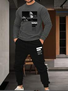 Manfinity LEGND Men Plus Slogan Graphic Sweatshirt & Drawstring Waist Sweatpants - Multicolor - View 1