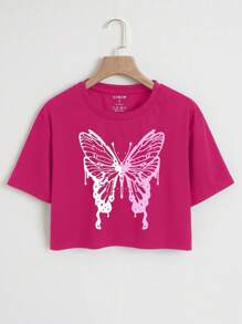 INAWLY Camiseta crop con estampado de mariposa - Rosa Fucsia - Ver 1