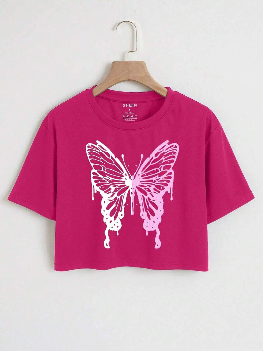 INAWLY Camiseta crop con estampado de mariposa - Rosa Fucsia - Ver 1