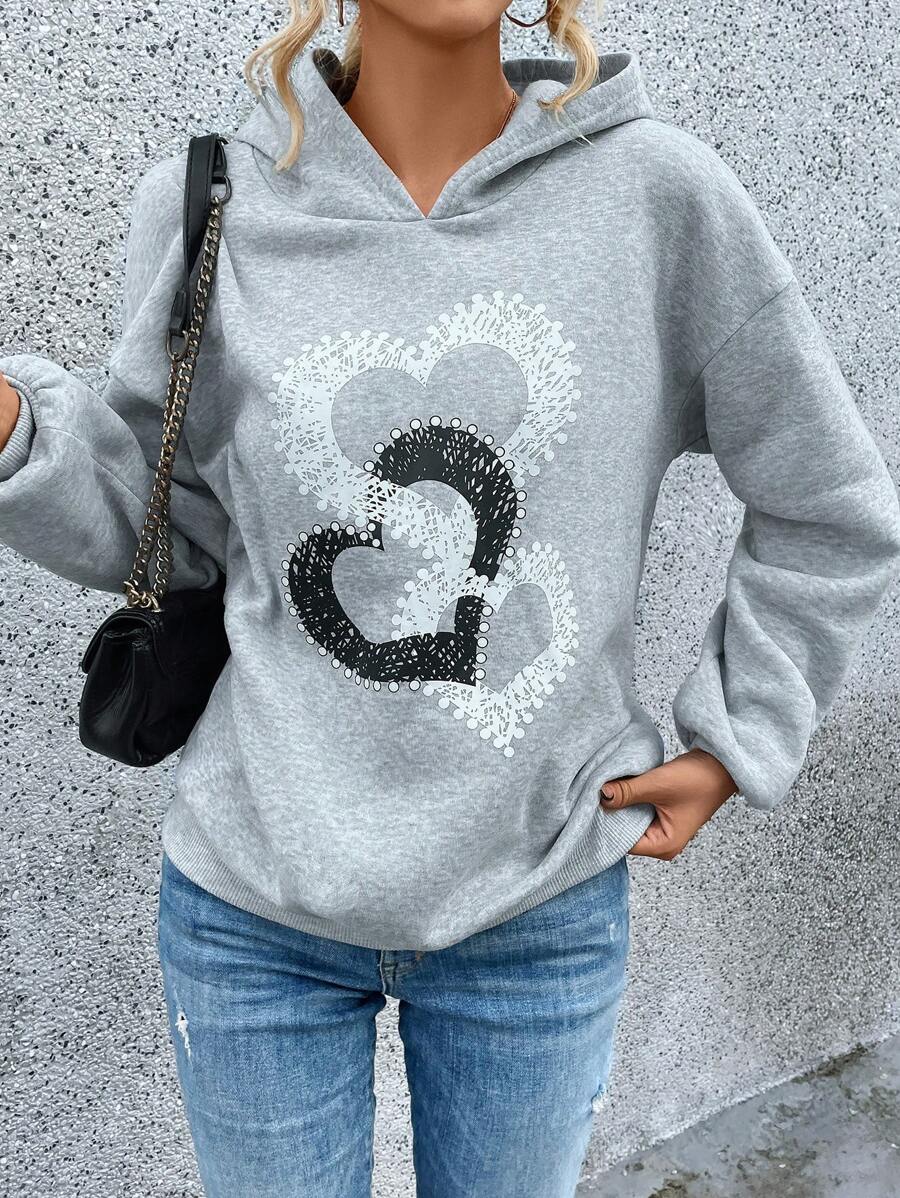 SHEIN LUNE In Trái tim Thả vai Hoodie - Màu Xám nhạt - Xem 1