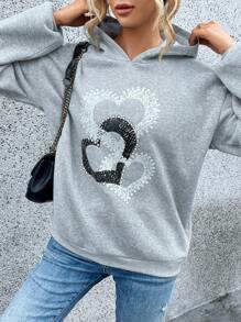 SHEIN LUNE In Trái tim Thả vai Hoodie - Màu Xám nhạt - Xem 3