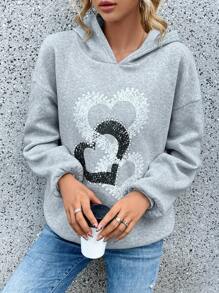 SHEIN LUNE In Trái tim Thả vai Hoodie - Màu Xám nhạt - Xem 4