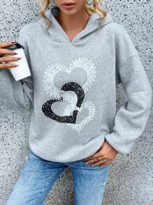 SHEIN LUNE In Trái tim Thả vai Hoodie - Màu Xám nhạt - Xem 5