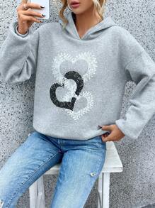 SHEIN LUNE In Trái tim Thả vai Hoodie - Màu Xám nhạt - Xem 7