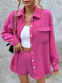SHEIN Essnce 翻蓋口袋落肩袖襯衫&短褲 - 玫紅色 - 查看 1