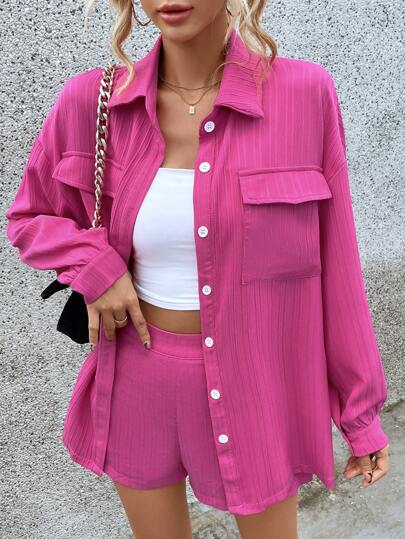 SHEIN Essnce Flap Pocket Drop Shoulder Shirt & Shorts