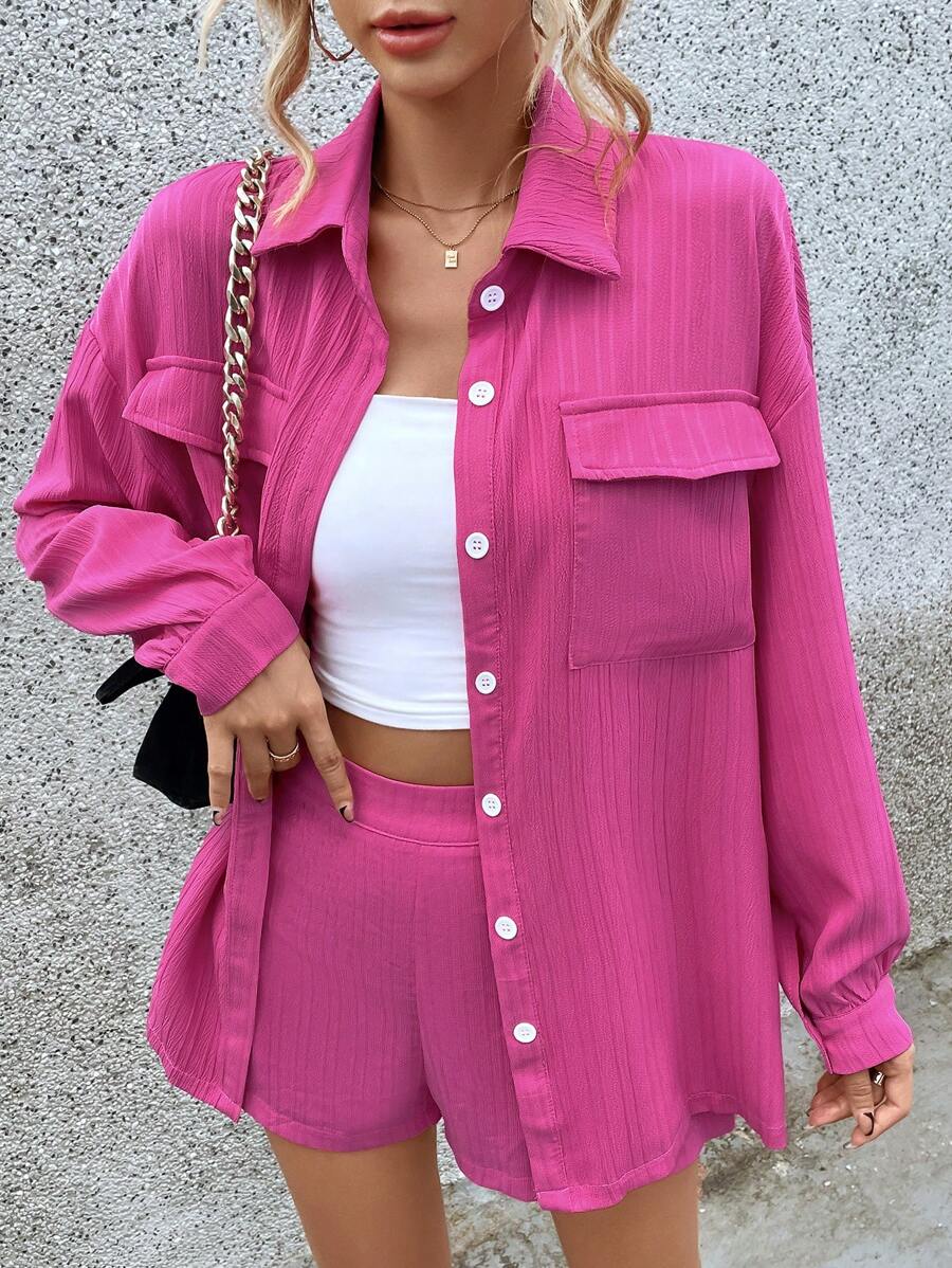 SHEIN Essnce 翻蓋口袋落肩袖襯衫&短褲 - 玫紅色 - 查看 1