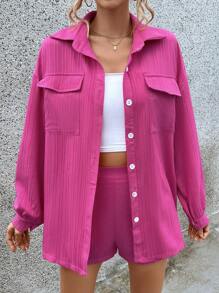 SHEIN Essnce 翻蓋口袋落肩袖襯衫&短褲 - 玫紅色 - 查看 3
