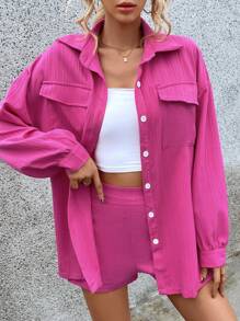 SHEIN Essnce 翻蓋口袋落肩袖襯衫&短褲 - 玫紅色 - 查看 4