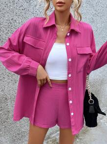 SHEIN Essnce 翻蓋口袋落肩袖襯衫&短褲 - 玫紅色 - 查看 5