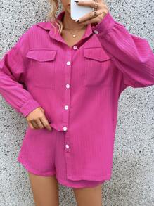 SHEIN Essnce 翻蓋口袋落肩袖襯衫&短褲 - 玫紅色 - 查看 6