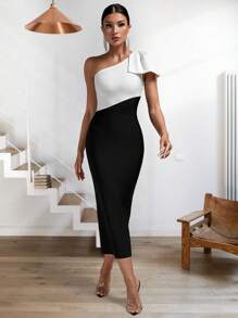 雙色單肩緊身連衣裙 - 黑與白 - 查看 1