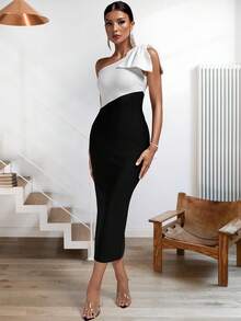 雙色單肩緊身連衣裙 - 黑與白 - 查看 3