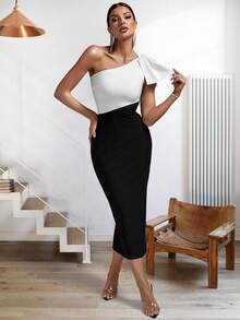 雙色單肩緊身連衣裙 - 黑與白 - 查看 5