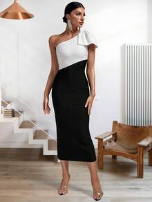 雙色單肩緊身連衣裙 - 黑與白 - 查看 6