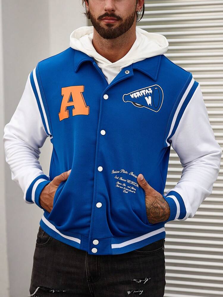 Men Slogan Graphic Striped Trim Varsity Jacket Without Hoodie