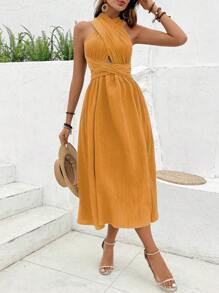 Breezaya Solid Criss Cross Tie Backless Split Thigh Dress - Yellow - View 3