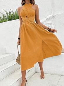 Breezaya Solid Criss Cross Tie Backless Split Thigh Dress - Yellow - View 4