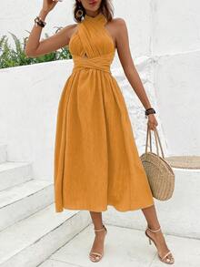 Breezaya Solid Criss Cross Tie Backless Split Thigh Dress - Yellow - View 5