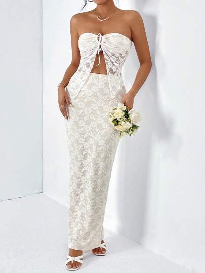 Aloruh 前抽繩蕾絲抹胸上衣&半身裙