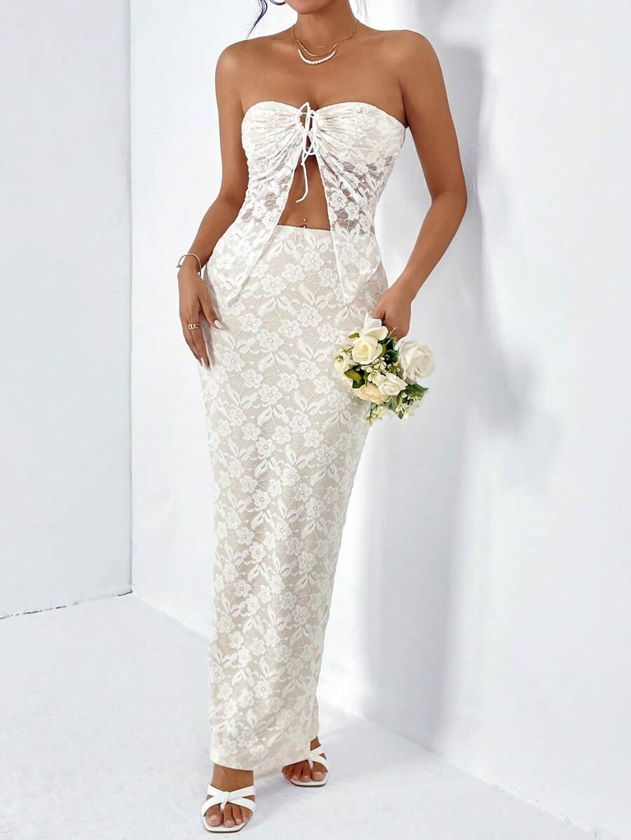 Aloruh 前抽繩蕾絲抹胸上衣&半身裙