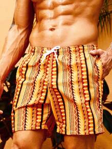 Manfinity Swimmode Hombres Shorts de natación con estampado geométrico de cintura con cordón - Multicolor - Ver 1