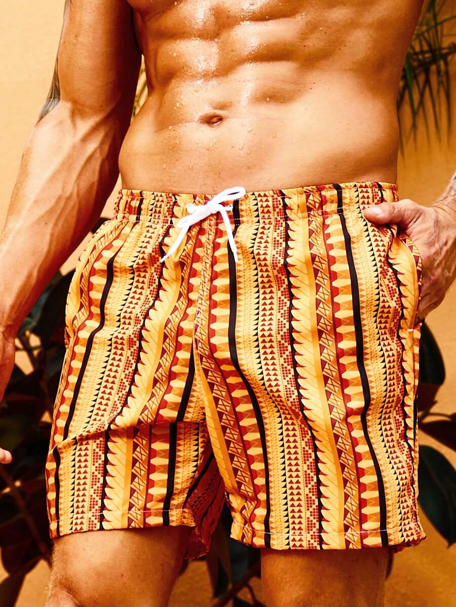 Manfinity Swimmode Hombres Shorts de natación con estampado geométrico de cintura con cordón - Multicolor - Ver 1