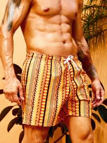 Manfinity Swimmode Hombres Shorts de natación con estampado geométrico de cintura con cordón - Multicolor - Ver 3