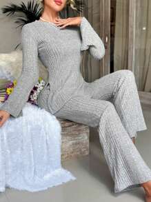 SHEIN Set homewear unicolor tejido de canalé - Gris Claro - Ver 1