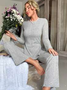 SHEIN Set homewear unicolor tejido de canalé - Gris Claro - Ver 6