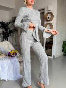 SHEIN Set homewear unicolor tejido de canalé - Gris Claro - Ver 7