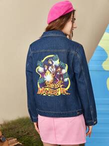 SCOOBY-DOO X SHEIN Letter & Cartoon Graphic Flap Pocket Denim Jacket - Dark Wash - View 3