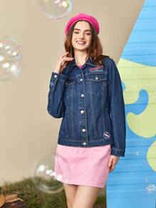 SCOOBY-DOO X SHEIN Letter & Cartoon Graphic Flap Pocket Denim Jacket - Dark Wash - View 4