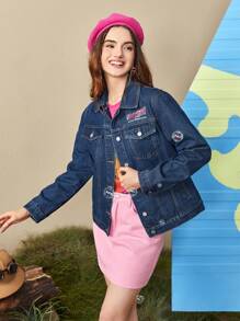 SCOOBY-DOO X SHEIN Letter & Cartoon Graphic Flap Pocket Denim Jacket - Dark Wash - View 7