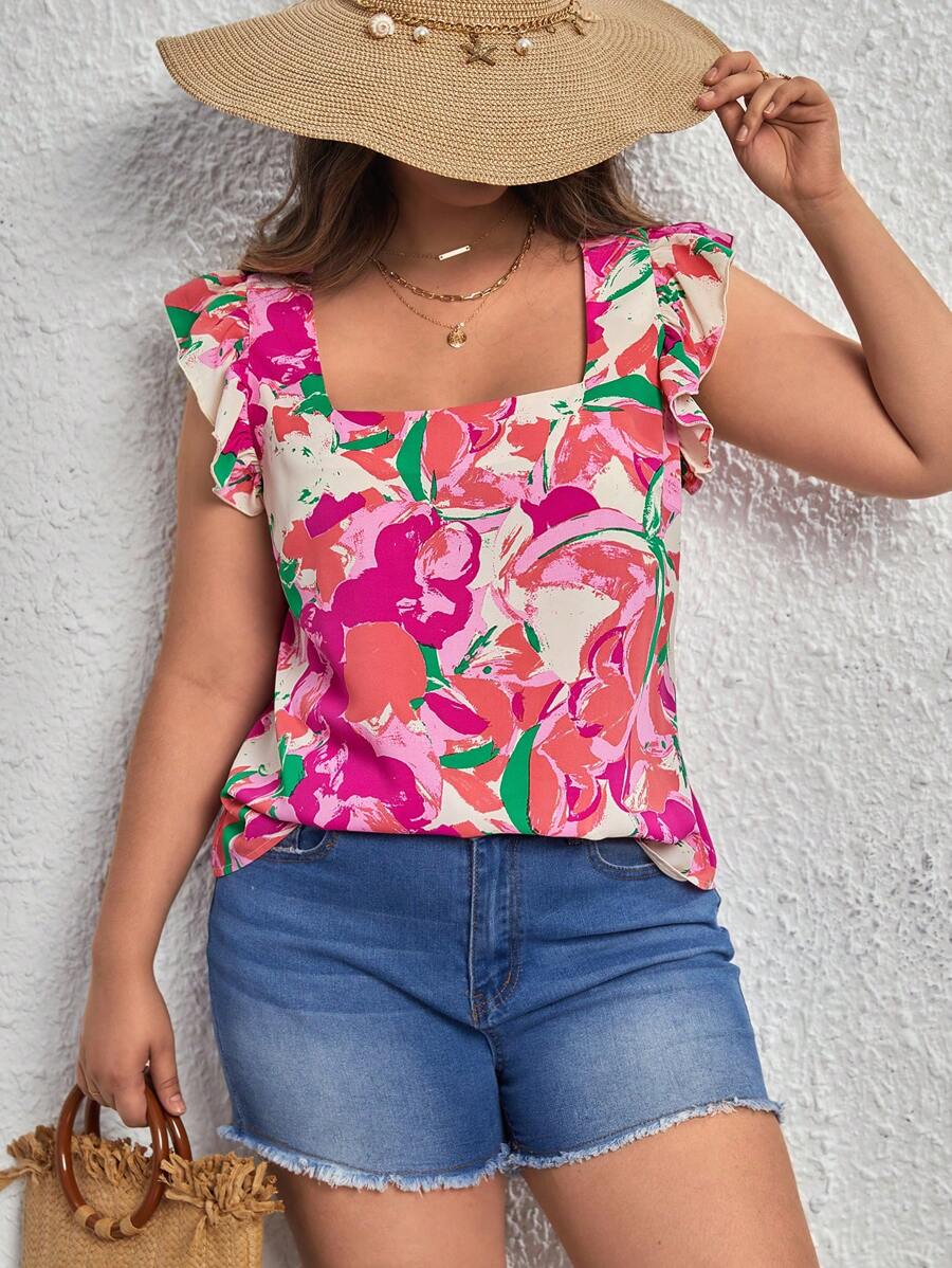 SHEIN VCAY Plus Size Boho Floral Print Ruffle Trim Blouse, For Summer - Multicolor - View 1