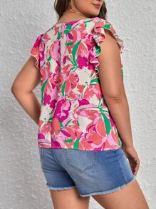 SHEIN VCAY Plus Size Boho Floral Print Ruffle Trim Blouse, For Summer - Multicolor - View 2