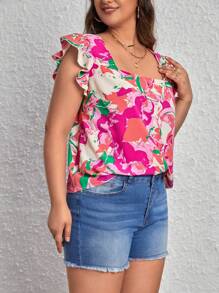 SHEIN VCAY Plus Size Boho Floral Print Ruffle Trim Blouse, For Summer - Multicolor - View 4