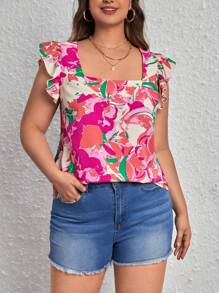 SHEIN VCAY Plus Size Boho Floral Print Ruffle Trim Blouse, For Summer - Multicolor - View 5