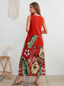 SHEIN VCAY Red Position Tropical Print Sleeveless Tank Summer Beach Woman Dress - Red - View 2