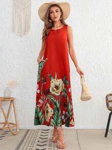 SHEIN VCAY Red Position Tropical Print Sleeveless Tank Summer Beach Woman Dress - Red - View 4