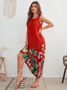 SHEIN VCAY Red Position Tropical Print Sleeveless Tank Summer Beach Woman Dress - Red - View 5