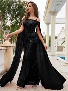 挖肩亮片正式洋裝 - 黑色 - 查看 2