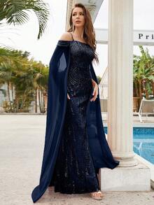 Cold Shoulder Contrast Sequin Formal Dress - Navy Blue - View 7