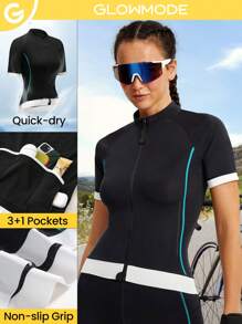GLOWMODE 女性拉鍊自行車運動衫短袖自行車騎行上衣健身夾克4個後置口袋 - 黑色 - 查看 1