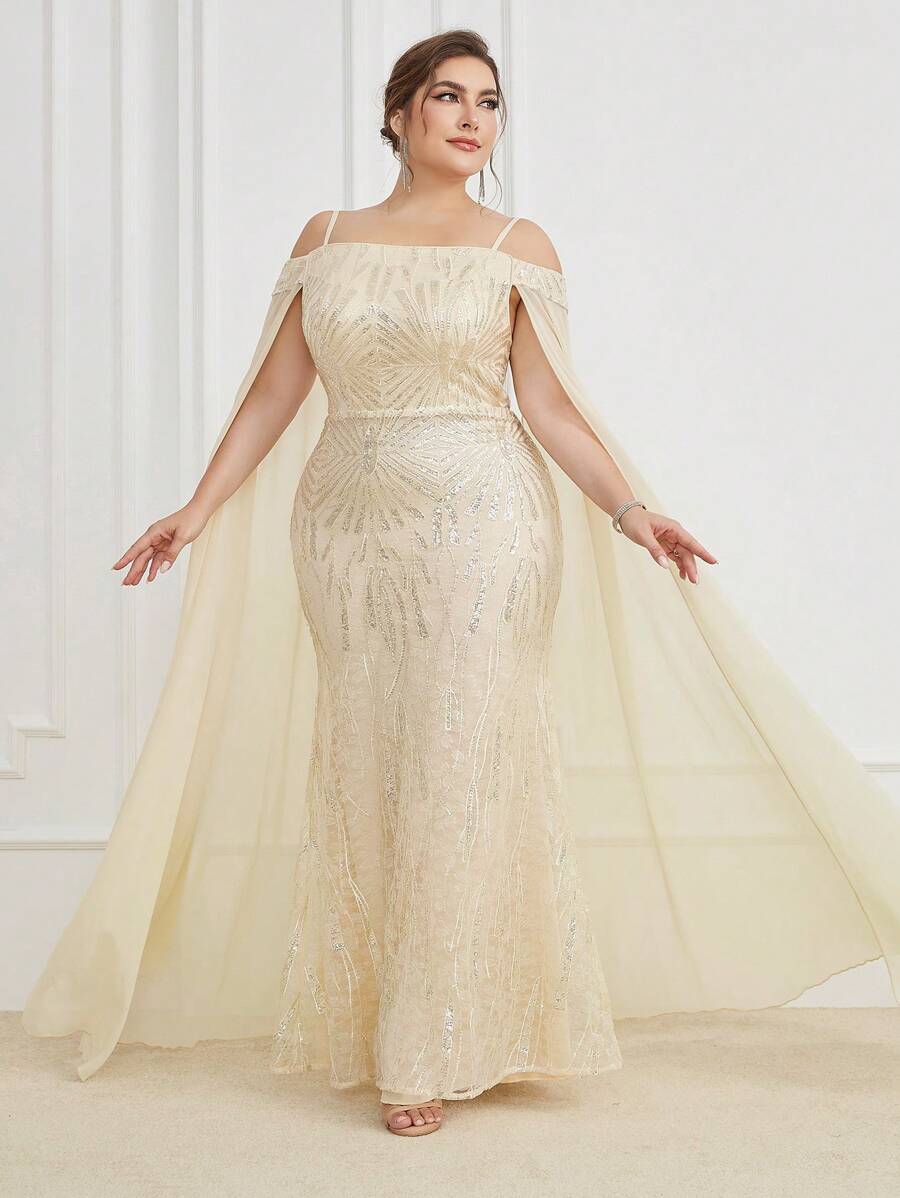 Talla grande Vestido de fiesta de hombros descubiertos de malla en contraste con lentejuelas - Albaricoque - Ver 1
