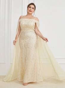 Talla grande Vestido de fiesta de hombros descubiertos de malla en contraste con lentejuelas - Albaricoque - Ver 3