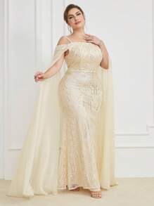 Talla grande Vestido de fiesta de hombros descubiertos de malla en contraste con lentejuelas - Albaricoque - Ver 5