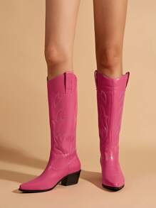 Giày bốt tây đế dày mũi nhọn màu đỏ hồng thời trang dành cho nữ, bốt cao bồi cho nữ - Màu Hồng Tươi - Xem 3