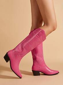 Giày bốt tây đế dày mũi nhọn màu đỏ hồng thời trang dành cho nữ, bốt cao bồi cho nữ - Màu Hồng Tươi - Xem 4