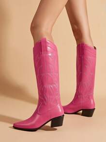 Giày bốt tây đế dày mũi nhọn màu đỏ hồng thời trang dành cho nữ, bốt cao bồi cho nữ - Màu Hồng Tươi - Xem 5